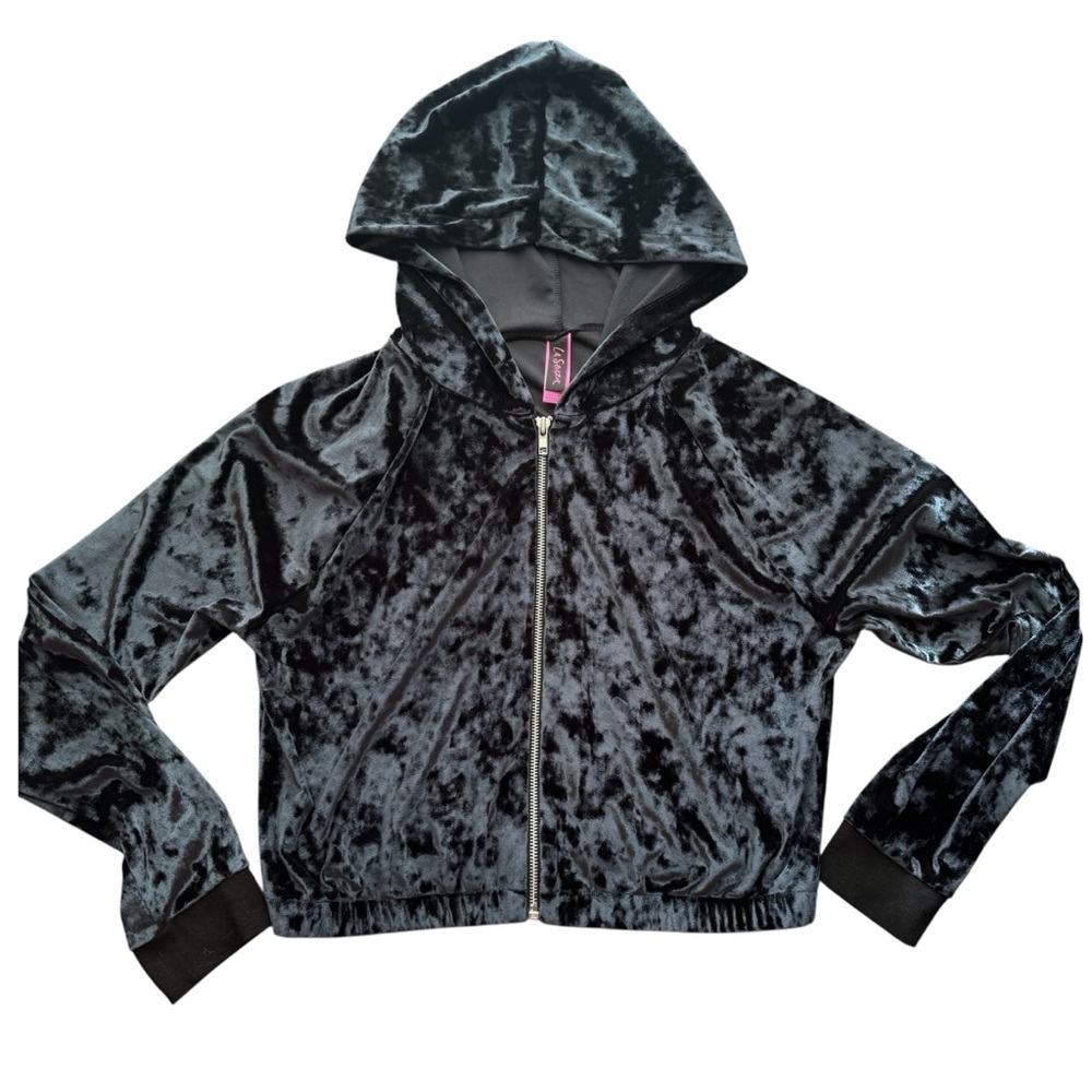 La Senza Black Crushed Velvet Velour Full Zip Cropped Y2K Track Sweater M - Picture 2 of 11